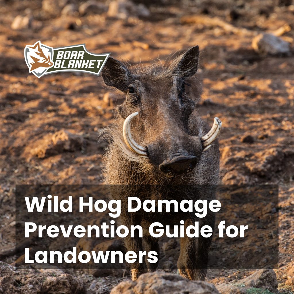 Close-up of a wild hog in a muddy, sunlit field with the title 'Wild Hog Damage Prevention Guide for Landowners' overlaid on the image.