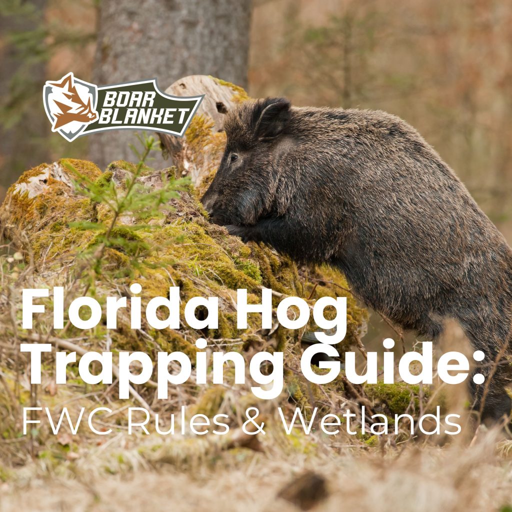 Wild boar in a mossy, forested area with large white text reading 'Florida Hog Trapping Guidelines' overlayed on the image.