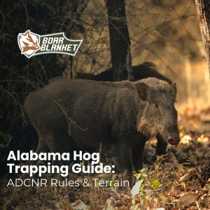 Boar Blanket Alabama hog trapping guide graphic with a wild hog in brush