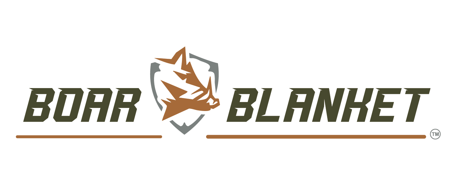 Boar Blanket logo: a brown boar head inside a gray shield between bold dark olive words 'BOAR' and 'BLANKET' with brown underlines on both sides and a TM mark.