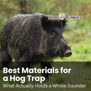 Wild boar in a grassy field with the headline 'Best Materials for a Hog Trap' and the Boar Blanket logo in the corner.
