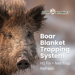 Close-up of a boar with product name 'Boar Blanket Trapping System' and logo, advertising H1 Fix + Net-Trap Refresh.