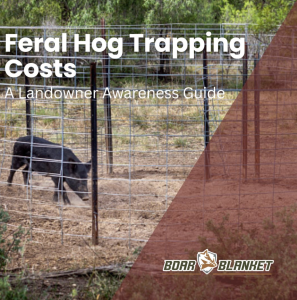 Cover image for a guide showing a feral hog inside a metal pen with large white title text: 'Feral Hog Trapping Costs' and subtitle 'A Landowner Awareness Guide'