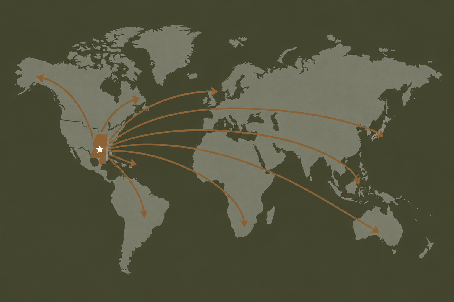 World map showing origin in the western United States with orange arrows routing to Europe, Africa, Asia, and Australia.