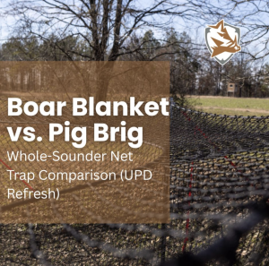 Title overlay reads 'Boar Blanket vs. Pig Brig Whole-Sounder Net Trap Comparison (UPD Refresh)' over a brown translucent panel on a background of a field and chain-link fencing, with a logo in the upper-right corner.