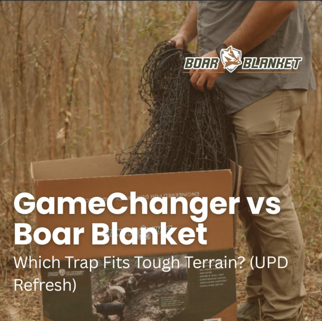 Man outdoors handling a roll of wire trap netting next to an opened cardboard box, with the Boar Blanket logo visible and forest backdrop.