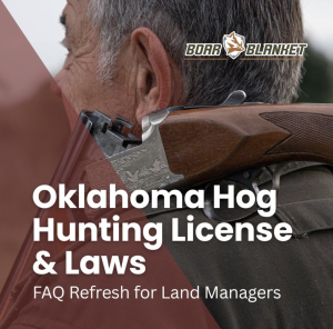 Cover image for an Oklahoma hog hunting laws guide: hunter with a rifle over his shoulder and Boar Blanket branding.