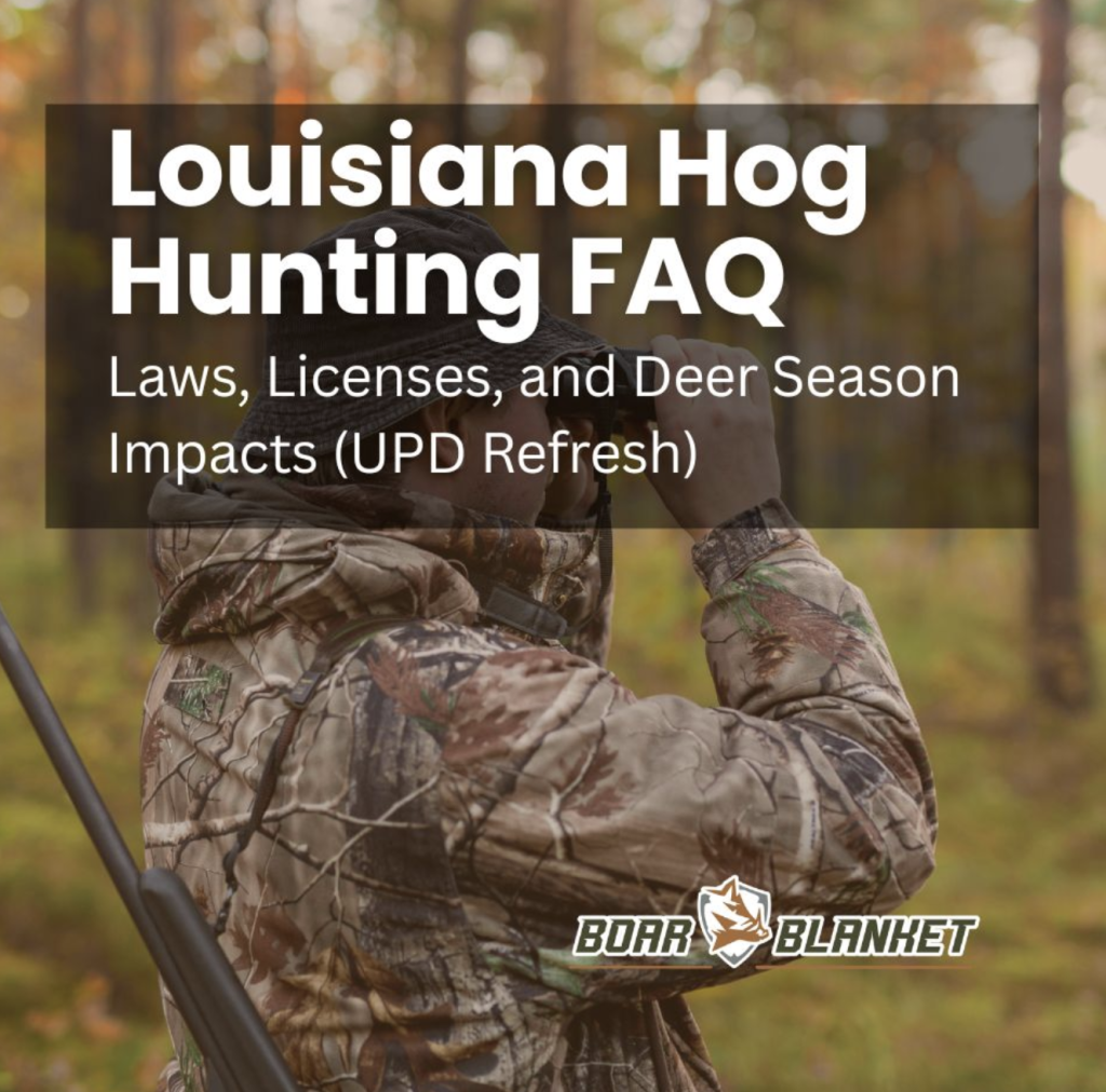 Banner for Louisiana Hog Hunting FAQ page: hunter in camouflage in a forest with bold title, subtitles about laws, licenses, and deer season impacts; Boar Blanket logo.