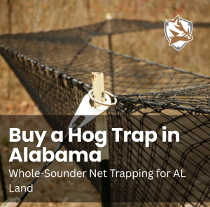 Close-up of a hog trap with black netting and a wooden stake, overlaid with text advertising 'Buy a Hog Trap in Alabama'.