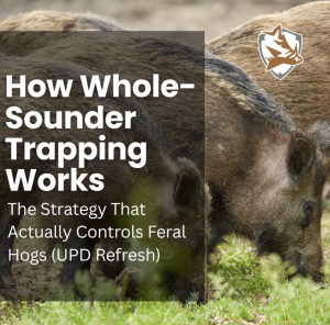 Cover image of two feral hogs with a dark overlay and the title 'How Whole-Sounding Trapping Works' and subtitle about controlling feral hogs.